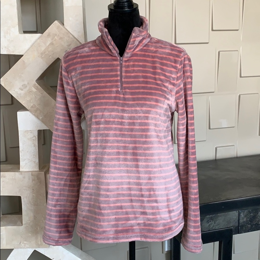 Laura Scott jacket top pink purple stripe faux fur long sleeve Size Medium